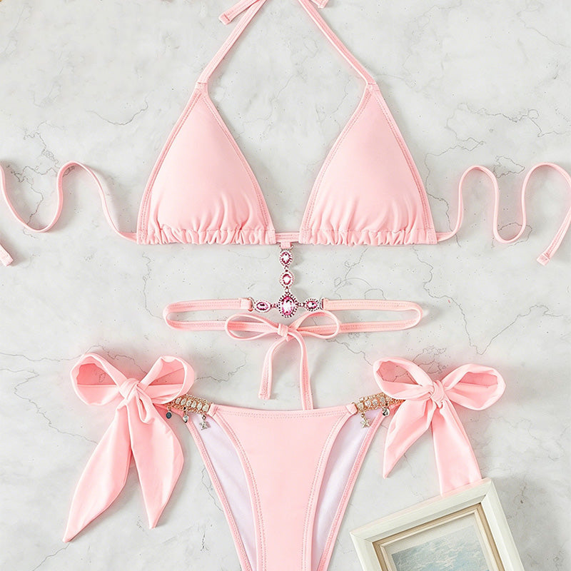 Halter-neck rhinestone strap triangle bikini set